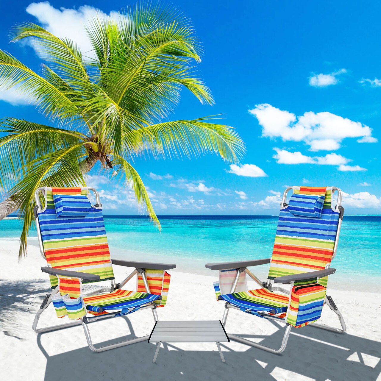 Costway 2 Pack Folding Backpack Beach Chair Table Set 5 Position Outdoor Reclining Chair Blue Navy Pink Pattern Flower Yellow Michaels